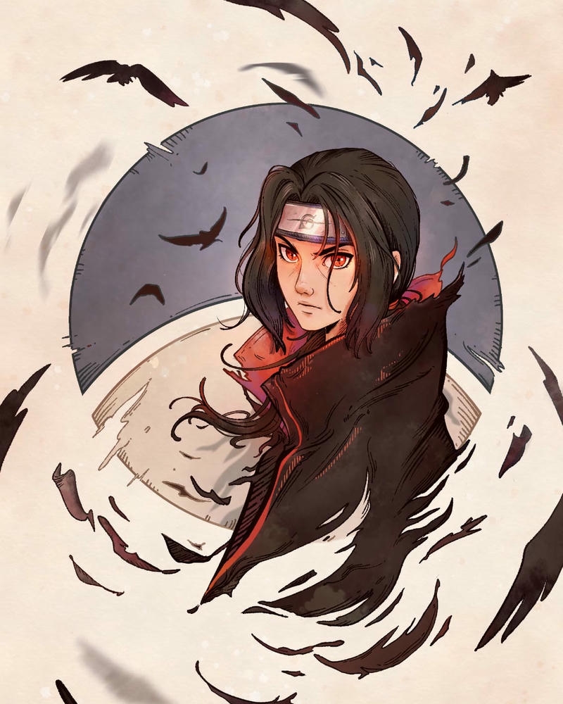 Ảnh Uchiha Itachi giữa vòng tròn quạ đen phong cách art