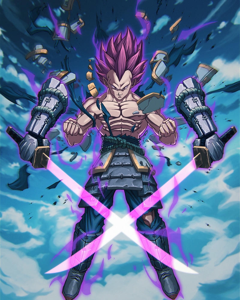 Ảnh Vegeta tóc tím đứng dang tay thể hiện sức mạnh lớn