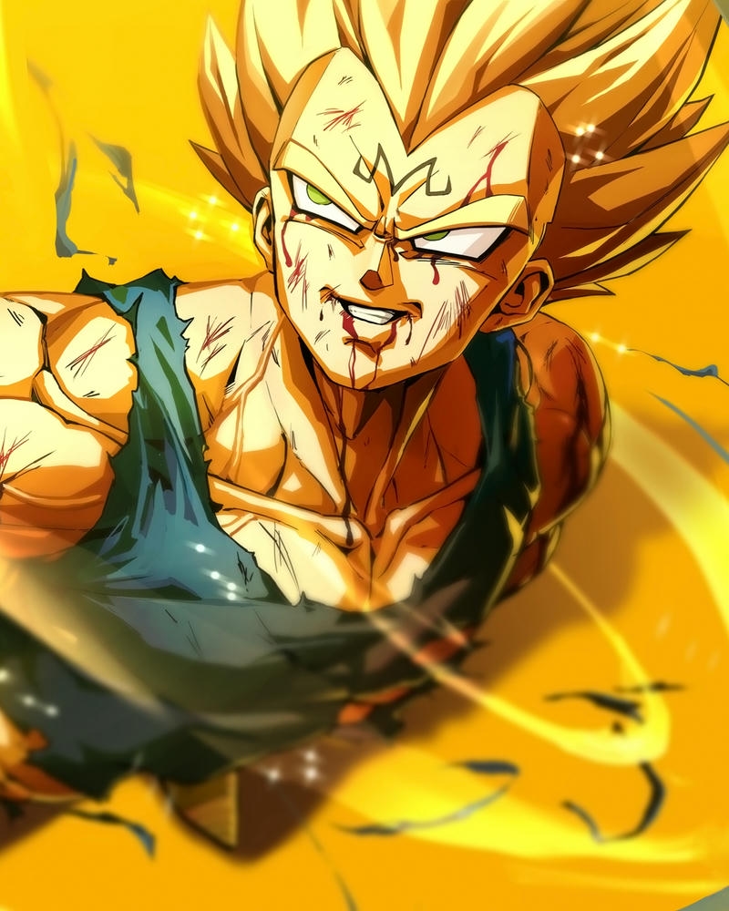 Ảnh Vegeta tóc vàng bị thương nhìn xuống đầy vẻ mệt mỏi