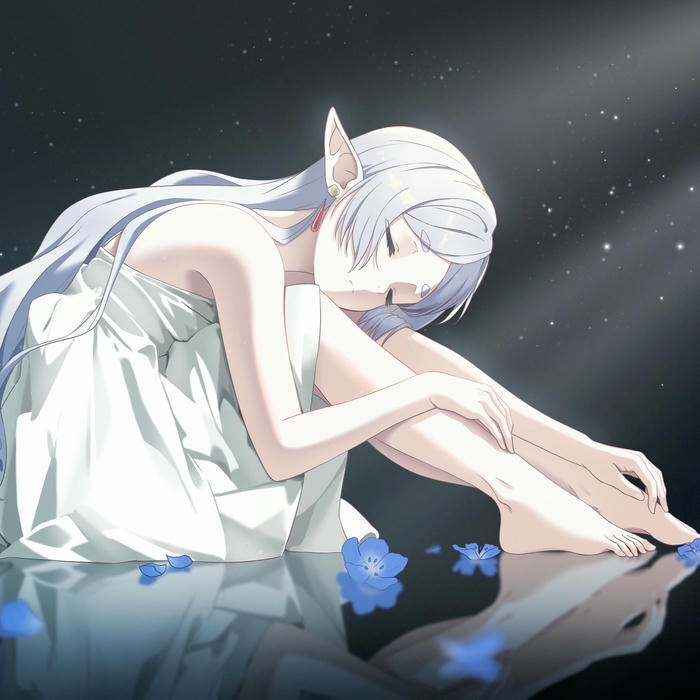 Ảnh anime buồn nữ cô gái váy trắng ngồi bó gối