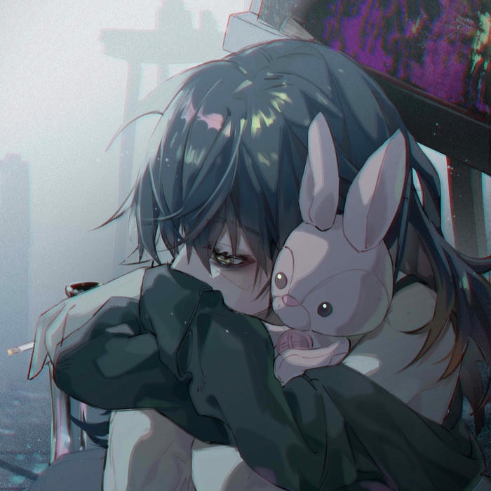 Ảnh anime nữ buồn cô gái ôm thỏ trắng bóng tối