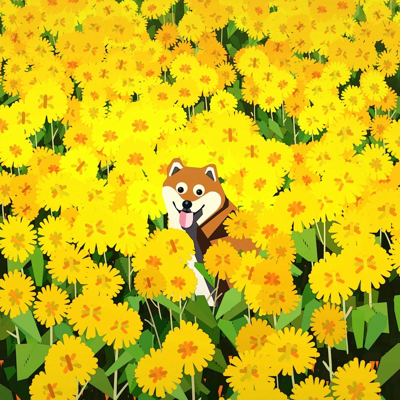 Ảnh chú chó shiba dễ thương trong vườn hoa hướng dương