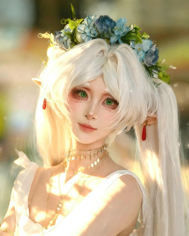 Ảnh cosplay frieren cầm hoa xanh dương himmel tuyệt đẹp