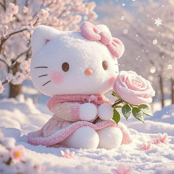 Ảnh đại diện hello kitty mặc váy hồng cầm hoa