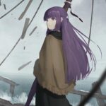 Ảnh fern anime đứng giữa cánh đồng gió thổi tóc bay