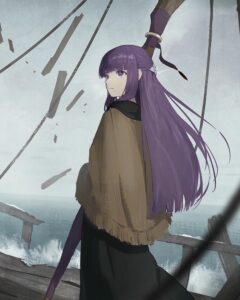 Ảnh fern anime đứng giữa cánh đồng gió thổi tóc bay