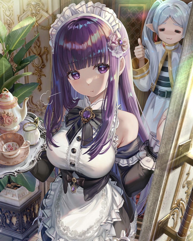 Ảnh fern anime mặc trang phục hầu gái bưng khay đồ ăn