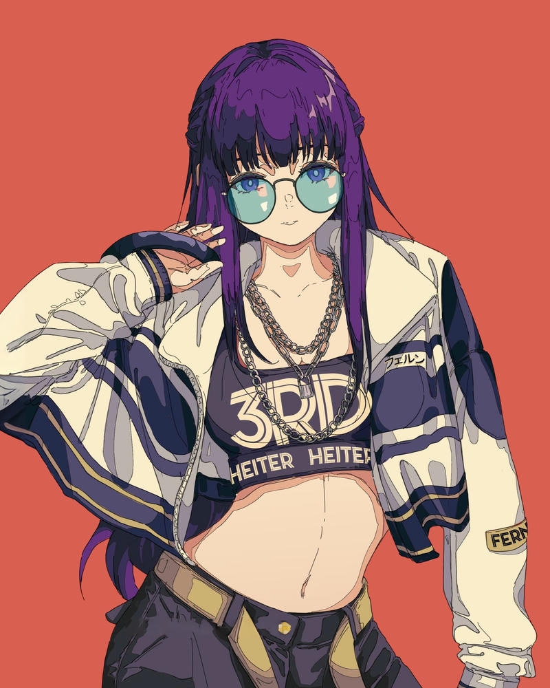 Ảnh fern anime mặc trang phục hiện đại cá tính nền cam