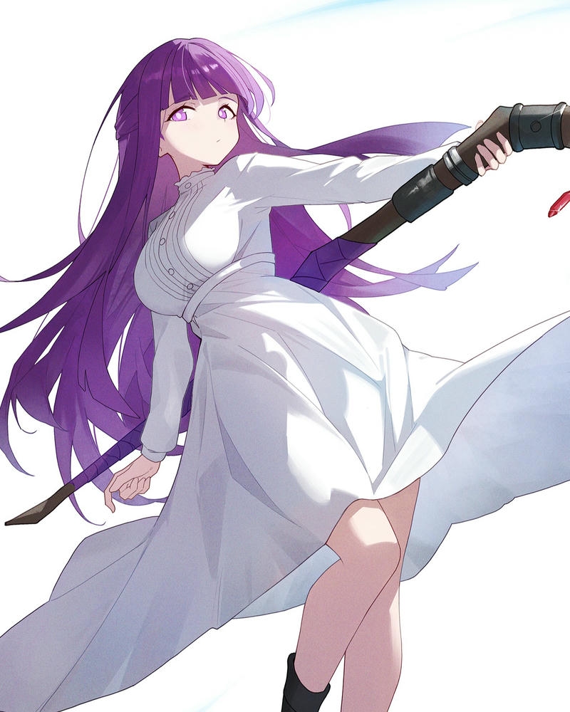 Ảnh fern anime mặc váy trắng cầm vũ khí tư thế chiến đấu