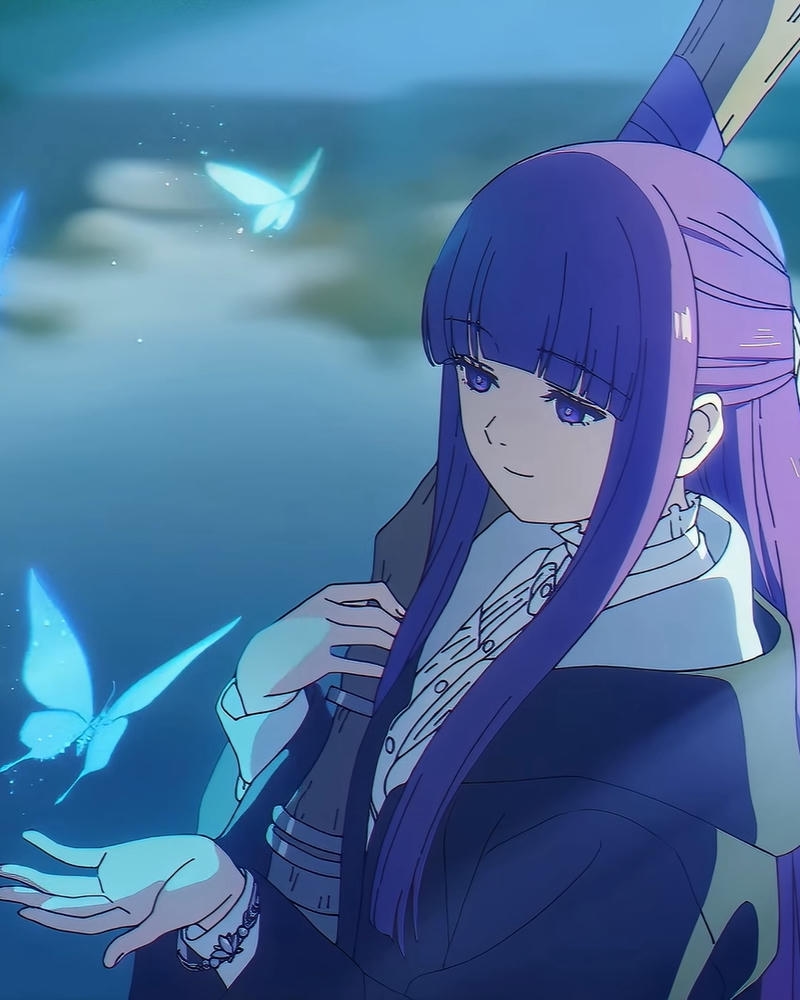 Ảnh fern anime nhìn bướm xanh bay lượn trong không gian ảo