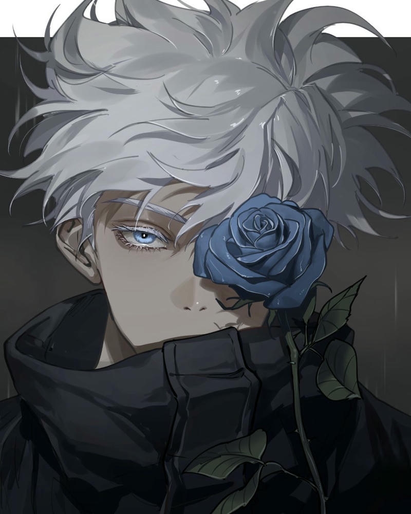 Ảnh gojo satoru anime cầm hoa hồng xanh đầy lãng mạn