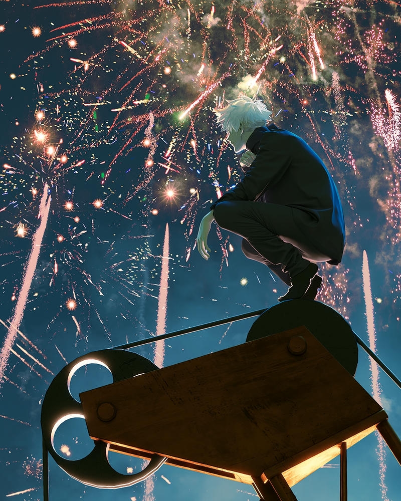 Ảnh gojo satoru anime đứng quay lưng ngắm pháo hoa rực rỡ