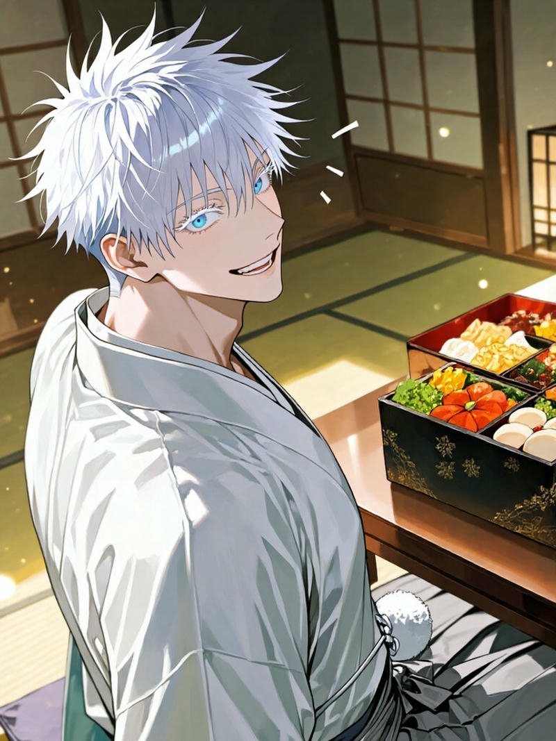 Ảnh gojo satoru anime mặc kimono đứng trong phòng truyền thống