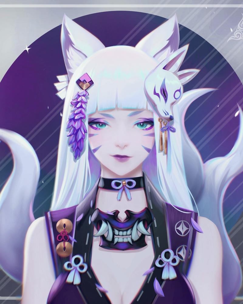 Ảnh hồ ly anime chân dung xinh đẹp tông màu tím huyền bí