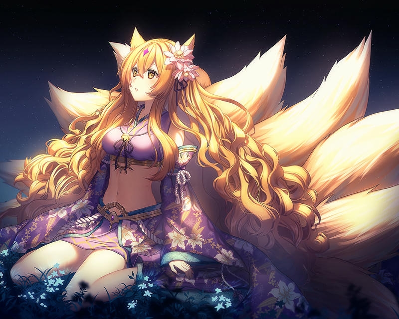 Ảnh hồ ly anime chín đuôi phát sáng vàng rực rỡ huyền ảo