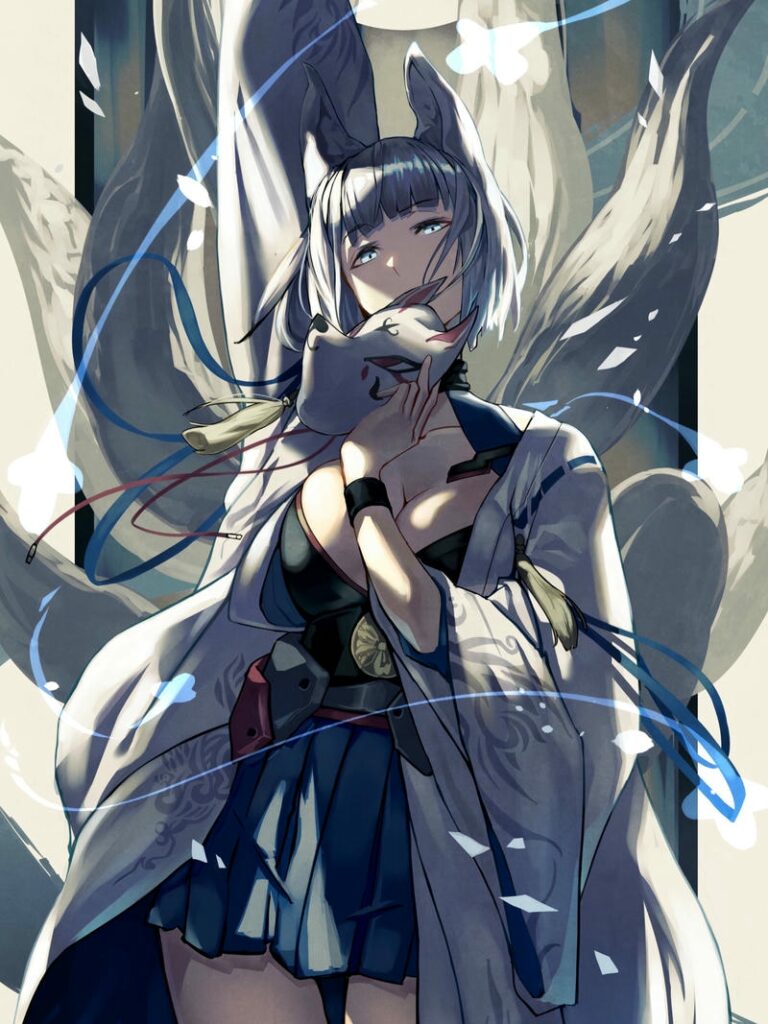 Ảnh hồ ly anime đứng giữa trời tuyết rơi lạnh giá mùa đông