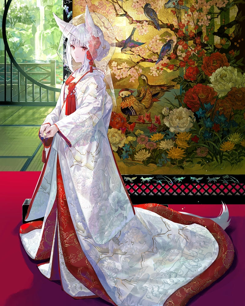 Ảnh hồ ly anime mặc kimono trắng truyền thống đền thờ thiêng