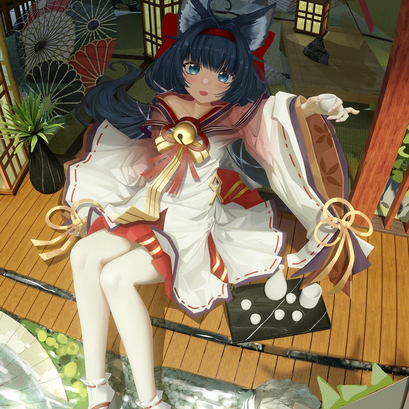 Ảnh hồ ly anime ngồi bên hiên nhà gỗ phong cách Nhật