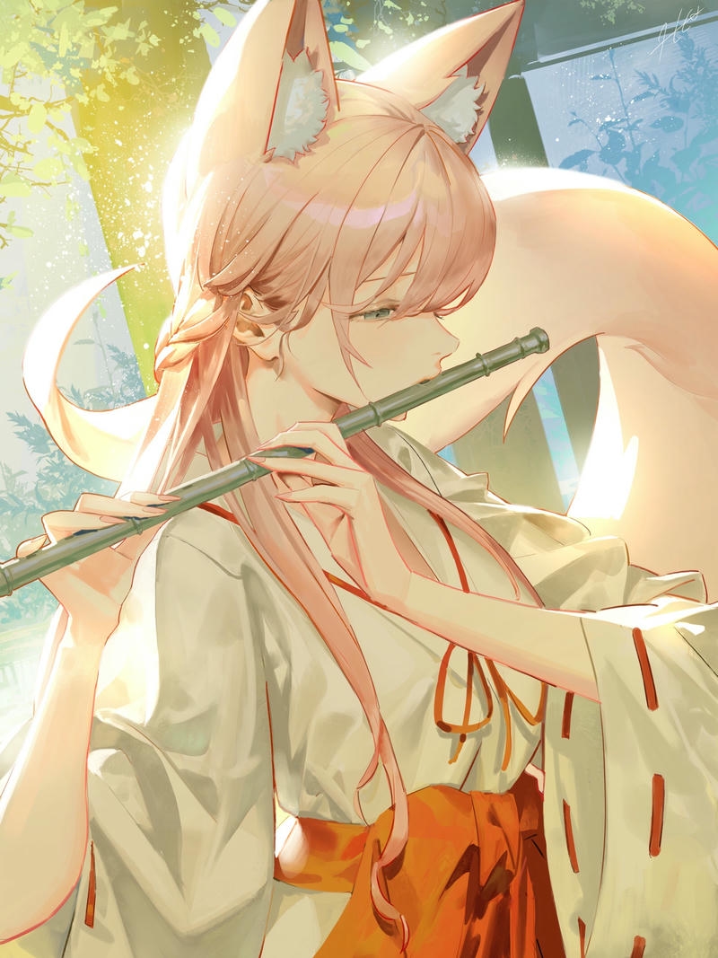 Ảnh hồ ly anime thổi sáo du dương dưới nắng vàng ấm