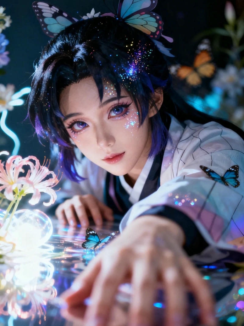 Ảnh shinobu cosplay đôi mắt to tròn màu tím nhìn xa xăm