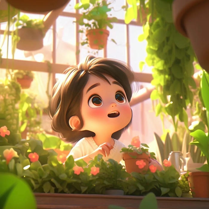 Avatar 3d bé gái cười tươi bên khung cửa sổ xanh