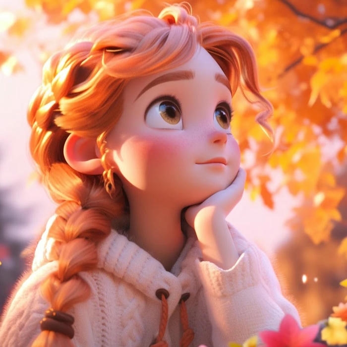 Avatar 3d bé gái tóc nâu dưới nắng thu vàng