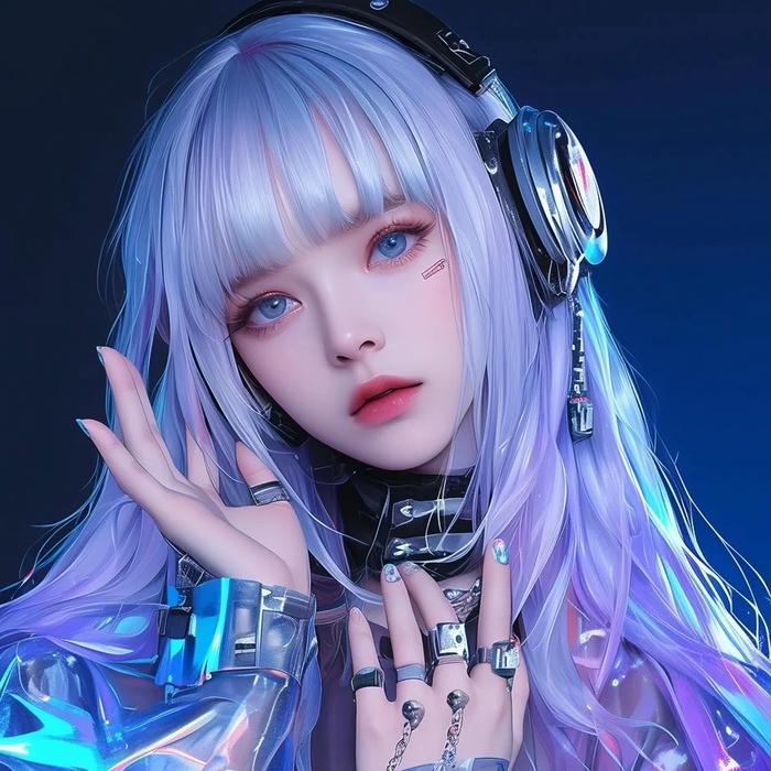 Avatar 3d nữ DJ đeo tai nghe tóc xanh tím