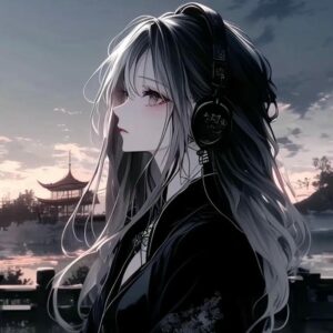 Avatar buồn nữ anime cô gái tóc đen nhìn xa xăm