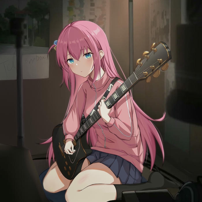 Avatar buồn nữ anime cô gái tóc hồng ôm đàn guitar