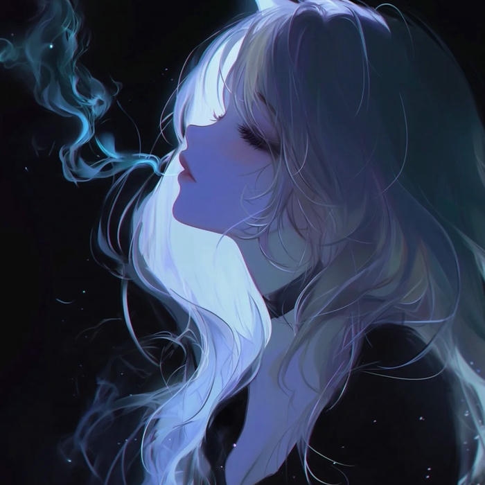 Avatar buồn nữ anime cô gái tóc trắng phả khói mờ