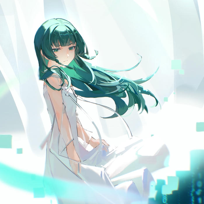 Avatar buồn nữ anime cô gái tóc xanh váy trắng bay