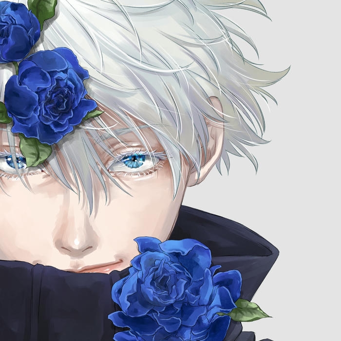 Avatar gojo bên nhành hoa hồng xanh đầy lãng mạn