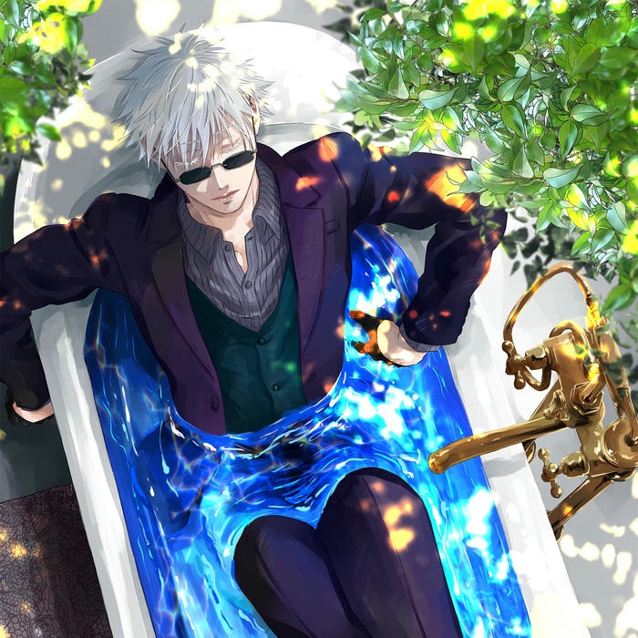 Avatar gojo nằm thư giãn trong bồn tắm hoa hồng