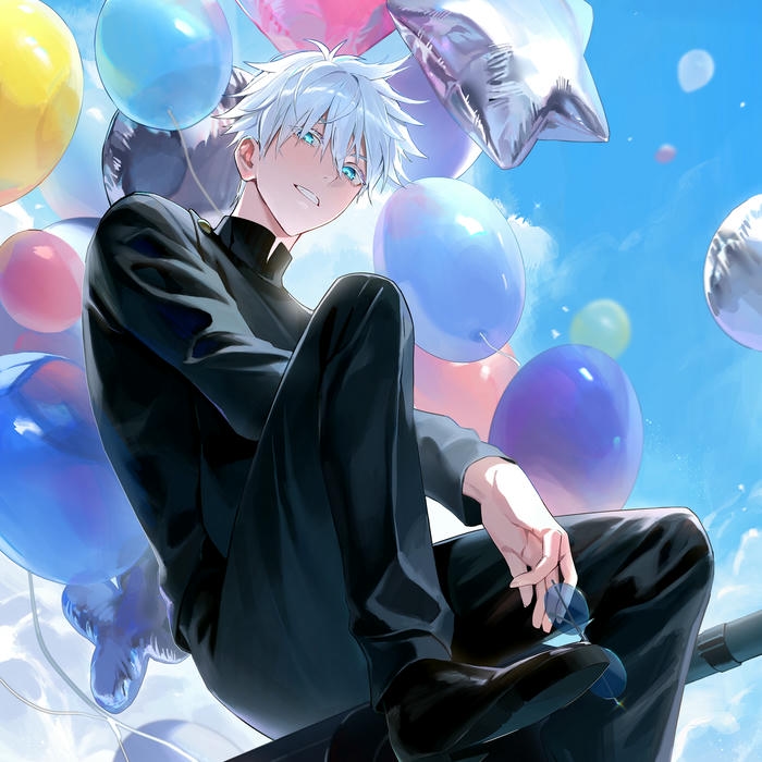 Avatar gojo ngồi giữa những quả bóng bay nhiều màu sắc