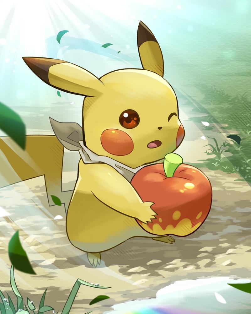 Bé Pikachu ôm quả táo đỏ mọng ngồi trên thảm cỏ