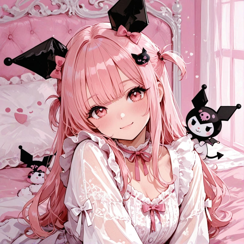Bé gái phong cách Kuromi trong căn phòng hồng phấn ngọt