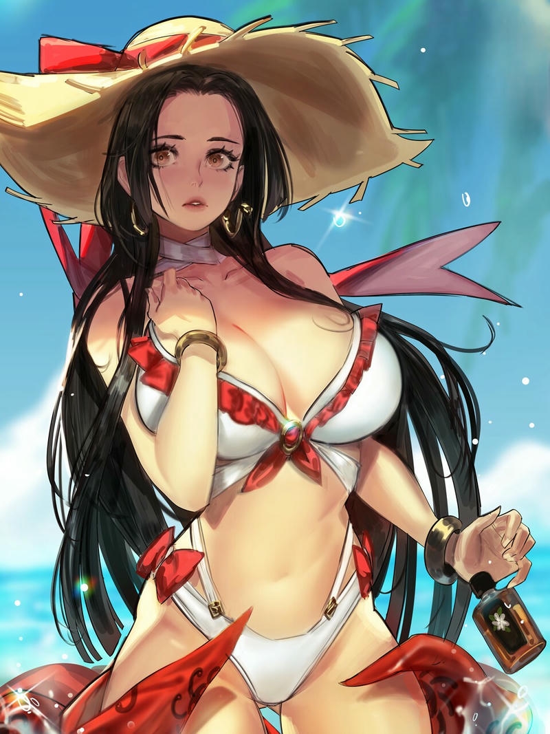 Boa Hancock mặc bikini trắng họa tiết đỏ bãi biển