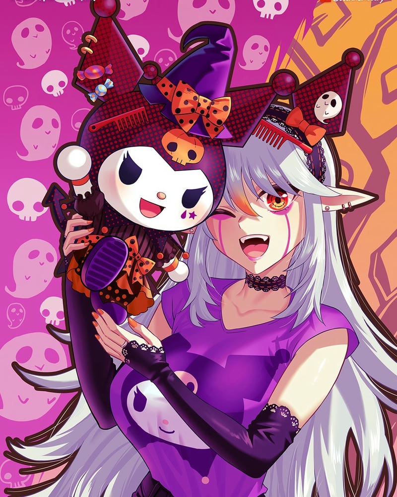 Cô gái Kuromi tóc đỏ ôm gấu bông cười tươi tắn