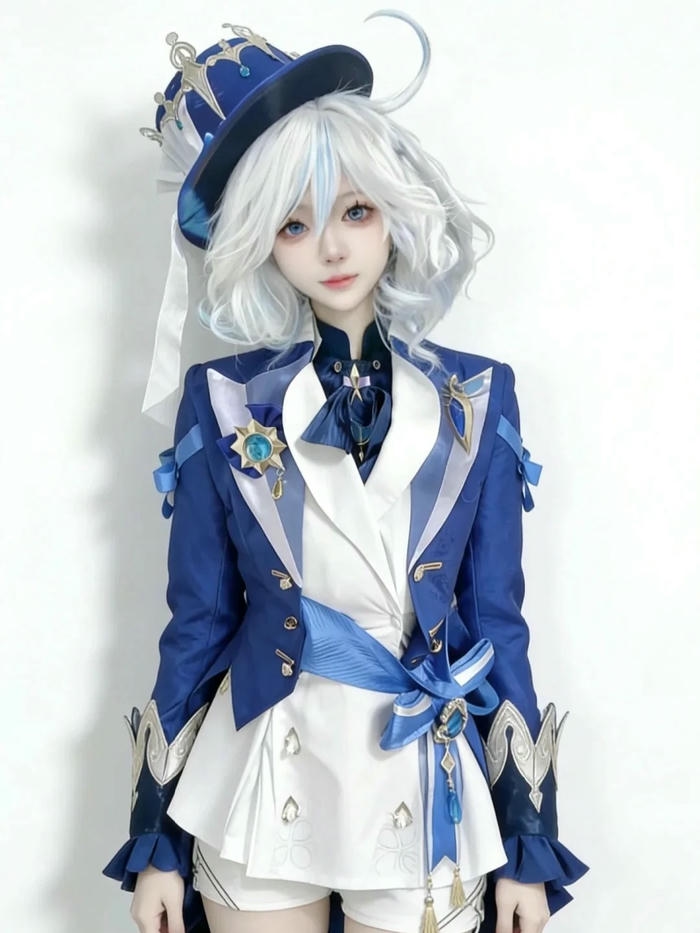 Cosplay Furina Genshin đứng dựa cột đá trắng cổ điển đẹp
