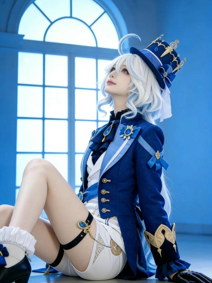 Cosplay Furina Genshin ngồi bệt trên sàn cửa sổ lớn