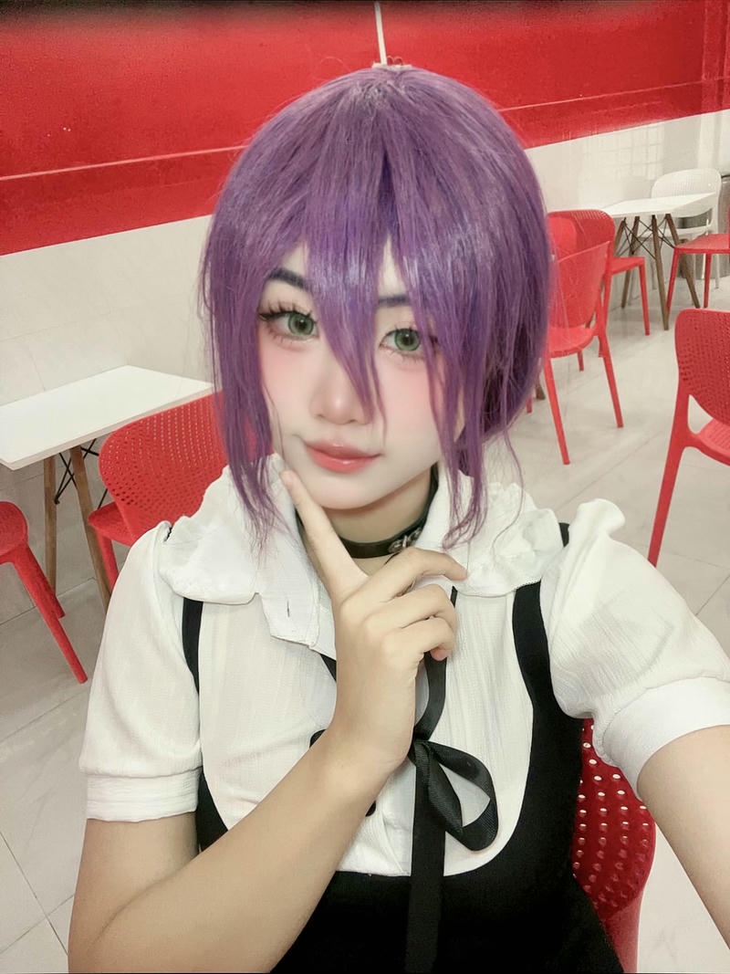 Cosplay anime nữ tóc tím ngắn đồng phục học sinh Nhật