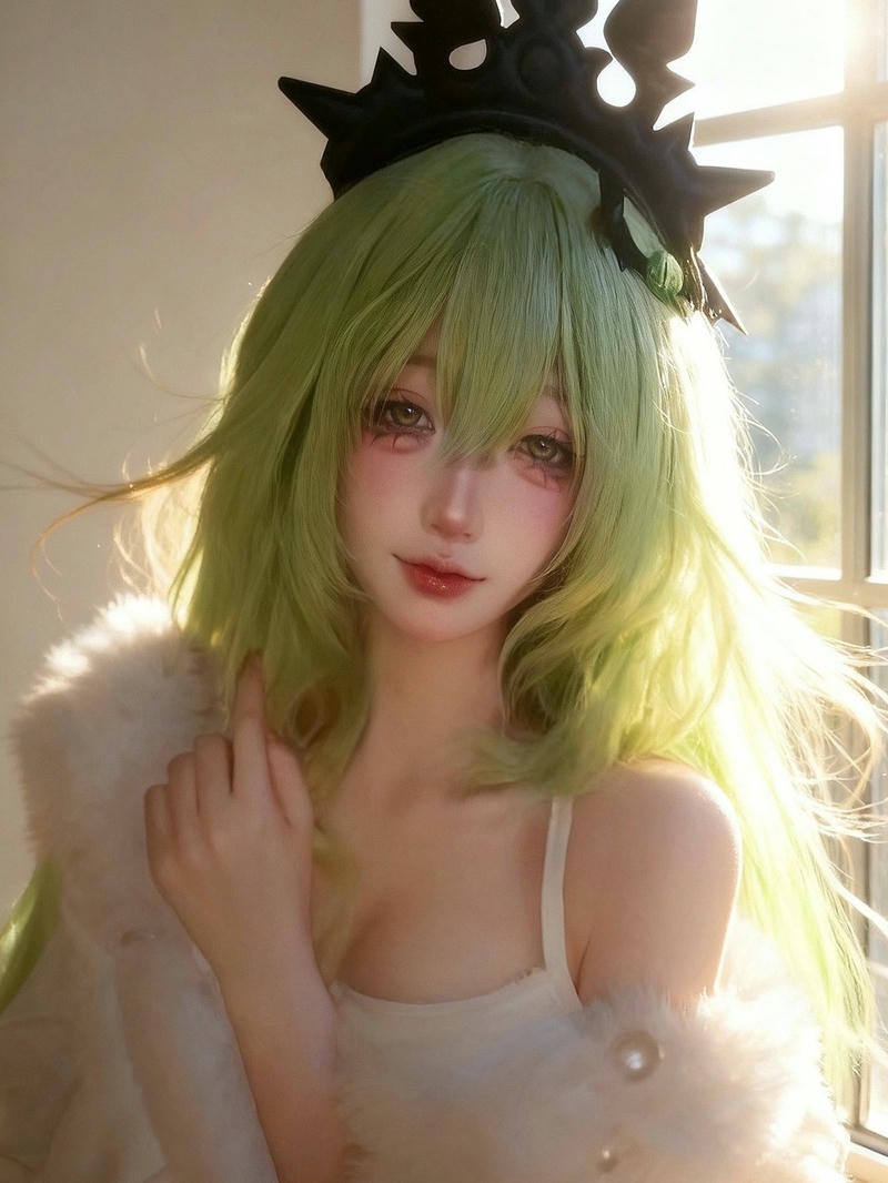 Cosplay anime nữ tóc xanh đội vương miện đen bí ẩn