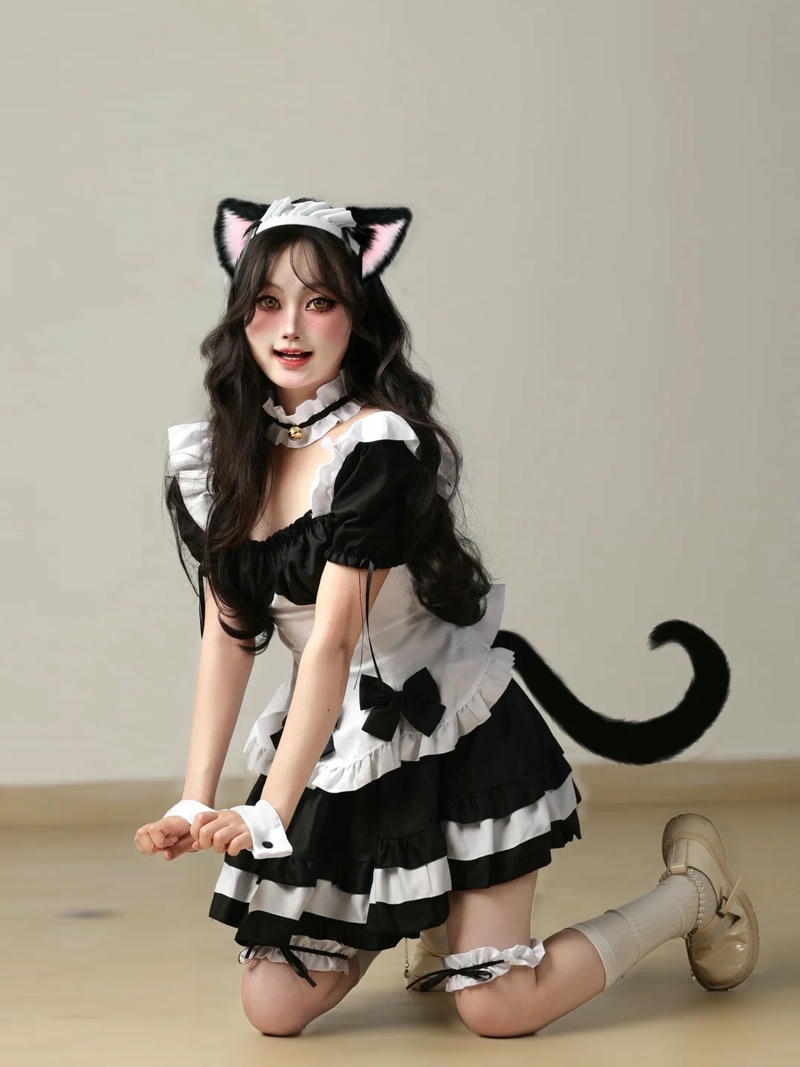 Cosplay mèo hầu gái đen trắng bò trên sàn nhà