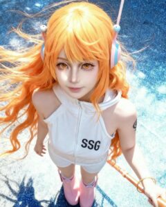 Cosplay nami mặc áo trắng nằm trên sàn tạo dáng