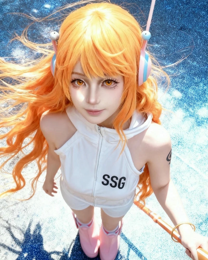 Cosplay nami mặc áo trắng nằm trên sàn tạo dáng