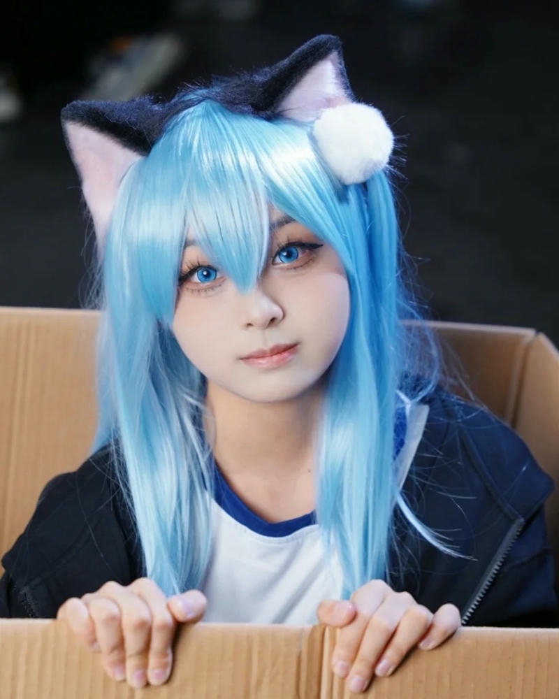 Girl xinh tai mèo xanh dương trốn trong hộp giấy