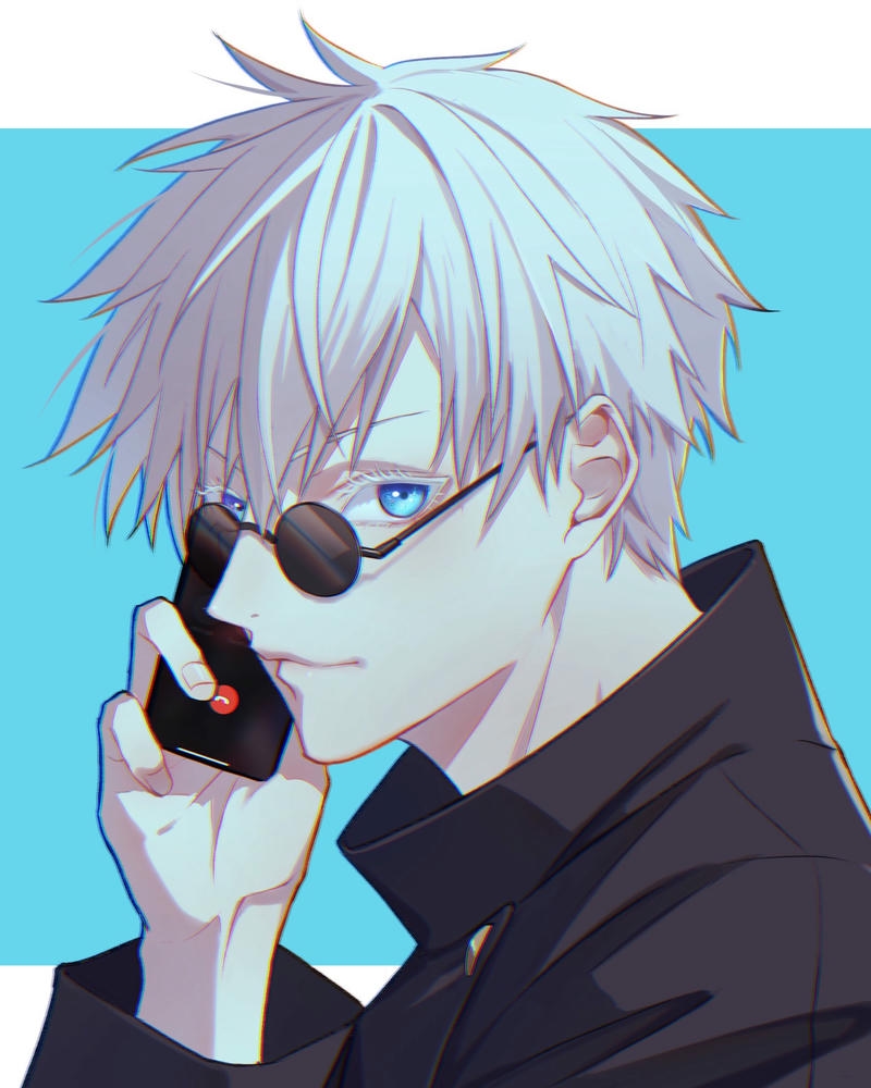 Gojo Satoru kéo kính xuống lộ mắt xanh tuyệt đẹp