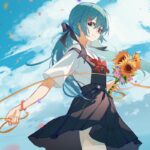 Hình ảnh avatar hoa hướng dương nữ sinh tóc xanh năng động