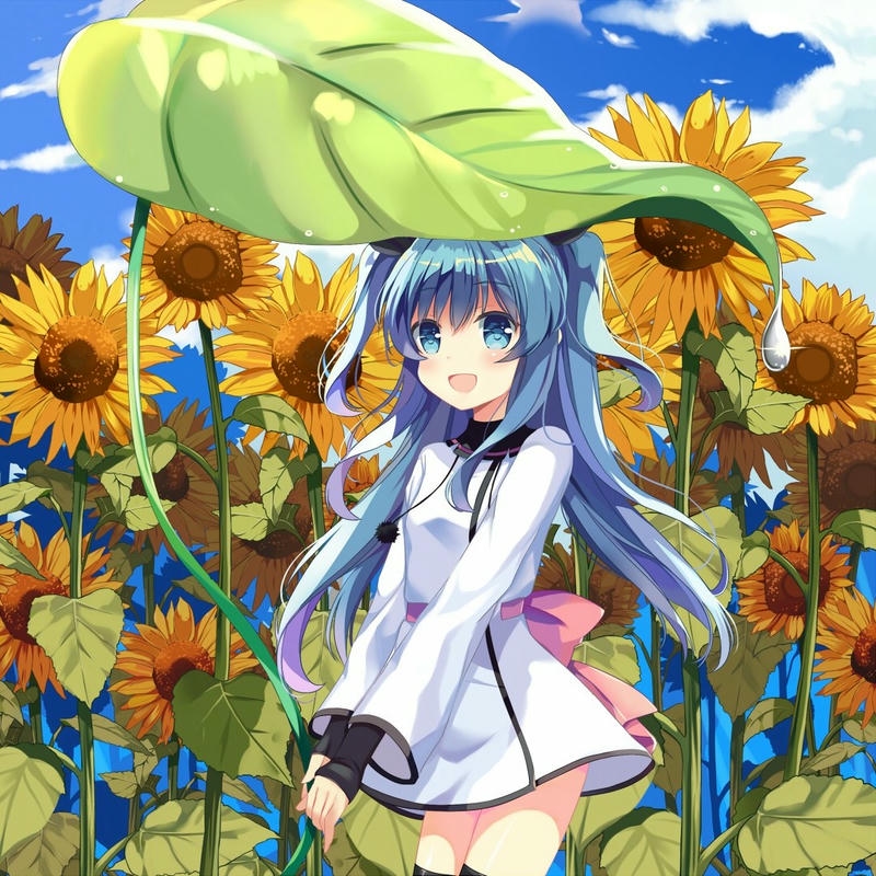 Hình avatar hoa hướng dương cô gái tóc xanh che lá