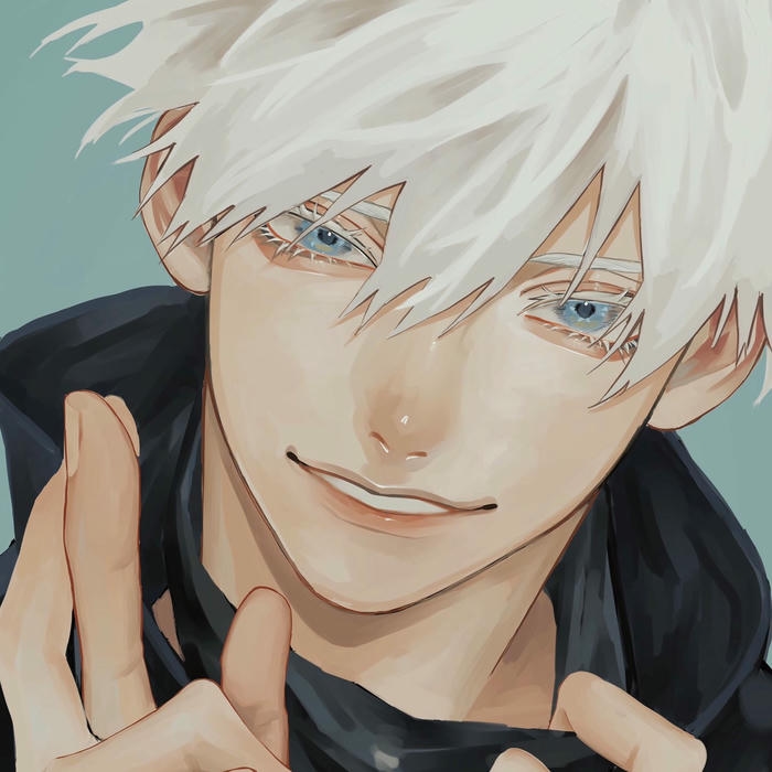 Hình gojo anime cười tươi với mái tóc trắng bồng